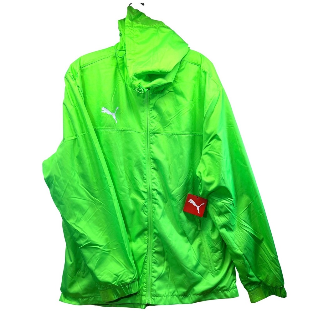 Puma Mens Neon Green Fleece Lined Hooded Windbreaker Jacket Large NEW